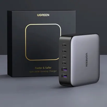 Incarcator rapid UGREEN GaN 200W Desktop Charger + cablu USB-C, 4x USB-C, 2x USB-A, Gri #2