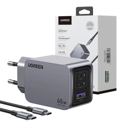 Incarcator rapid retea UGREEN Nexode Pro 65W 3-Port GaN Fast Charger Set EU + Cablu USB-C, 2x USB-C, 1x USB-A, Negru #2