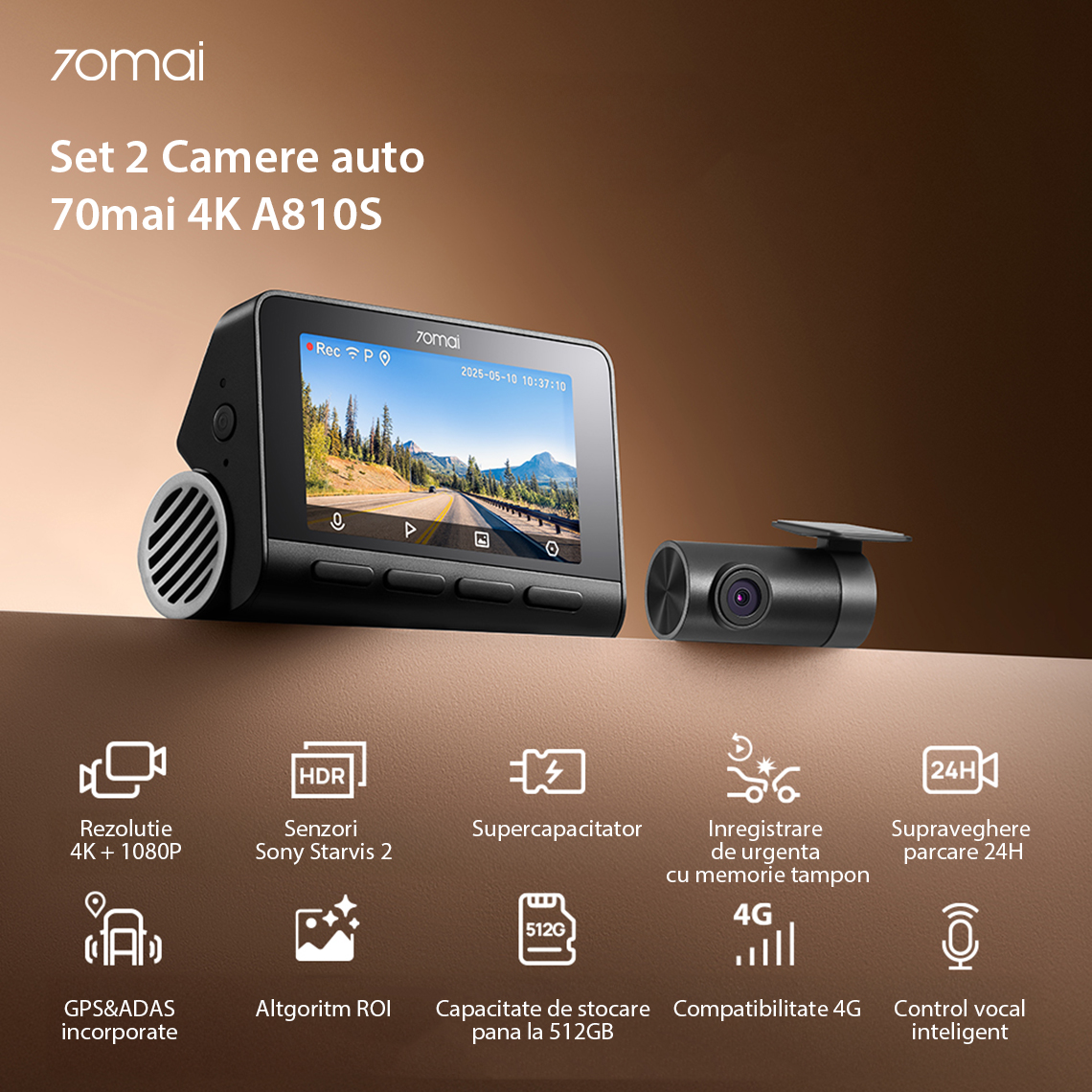 Set 2 Camere auto 70mai Dash Cam 4K A810S si camera luneta 70mai RC24