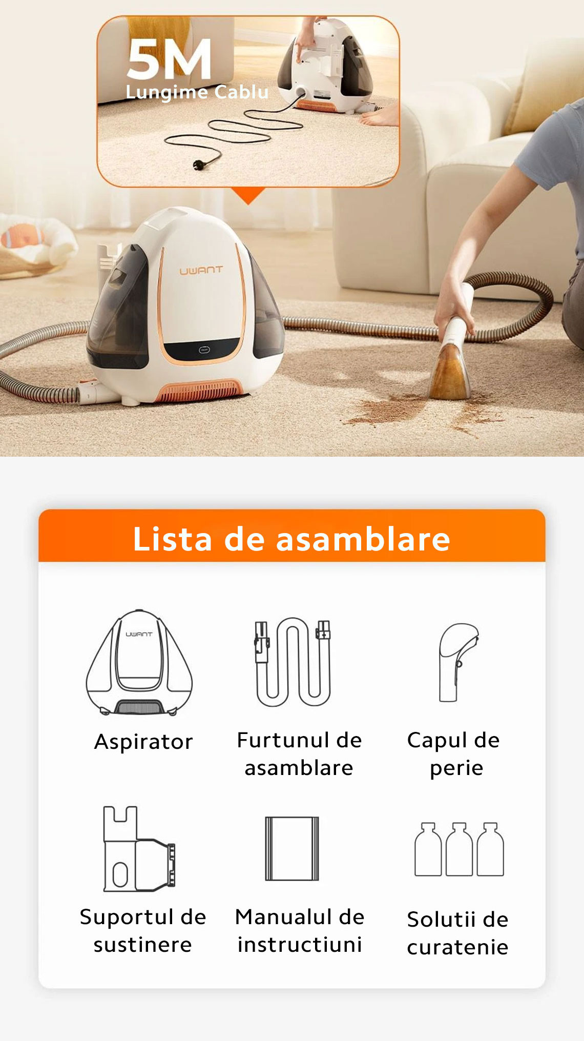 Aspirator multifunctional UWANT B100-S aspirare si spalare, multisuprafete,12Kpa, elimina acarienii si bacteriile, autocuratare