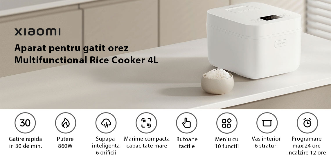 Cu o capacitate generoasa si programe automate, Xiaomi Rice Cooker 4L permite prepararea usoara a oricarui fel de mancare – de la orez pufos la supe sau mancaruri cu gatire lenta. Temporizatorul si functia de mentinere la cald iti ofera flexibilitate deplina, fara sa stai in bucatarie.