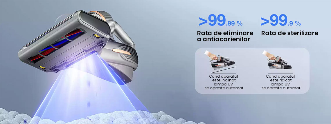 Aspiratorul antiacarieni JIMMY BX7 Pro Max distruge celulele acarienilor cu lumina ultravioleta de 253 nm, eliminand 99,99% dintre acarieni si bacterii. Pentru siguranta, lampa UV se opreste automat cand aparatul este ridicat de pe suprafata.