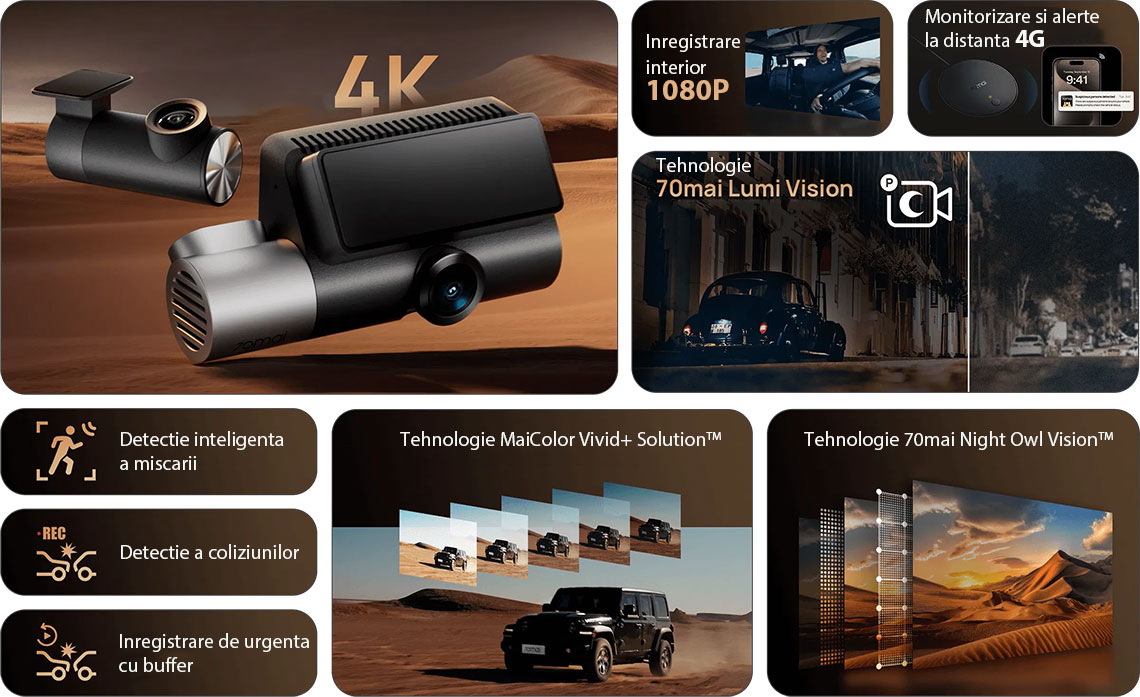 Set 2 camere 70mai Dash Cam 4K T800 cu 3 obiective