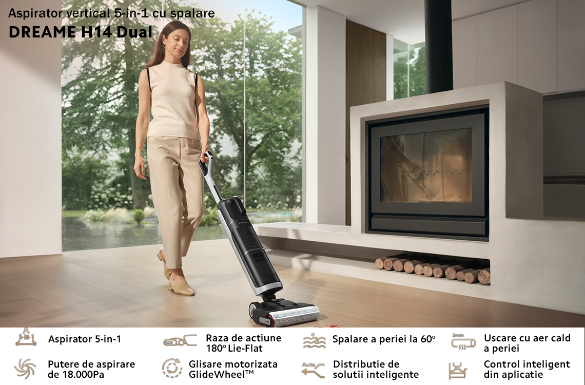 Aspirator vertical cu spalare Dreame H14 Dual Wet and Dry Vacuum, putere 380W, 18.000Pa, Autonomie 75 min