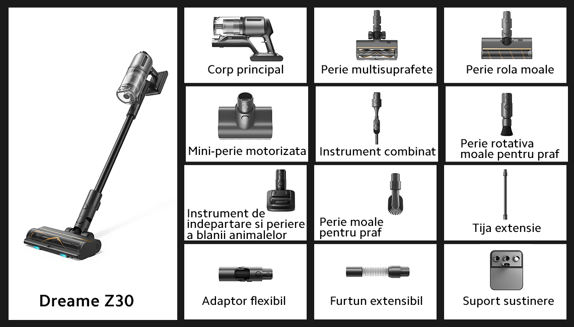 Aspirator vertical fara fir Dreame Z30 Cordless Stick Vacuum, 22.000Pa, 3200mAh, autonomie 90 min