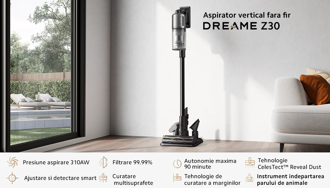 Aspirator vertical fara fir Dreame Z30 Cordless Stick Vacuum, 22.000Pa, 3200mAh, autonomie 90 min