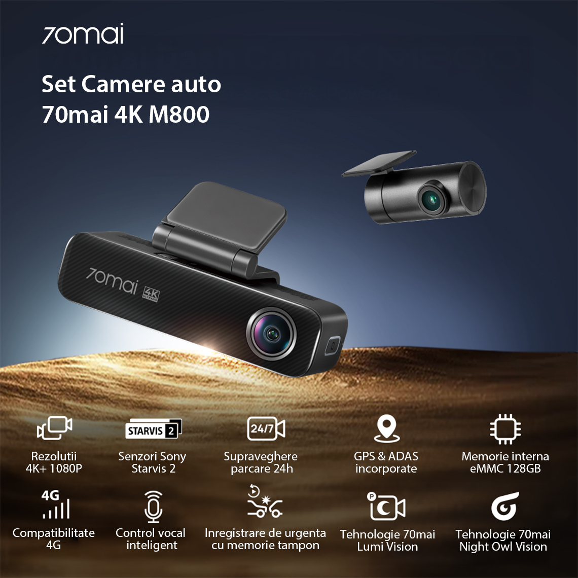 Set 2 Camere auto 70mai Dash Cam 4K M800 si camera luneta 70mai RC14