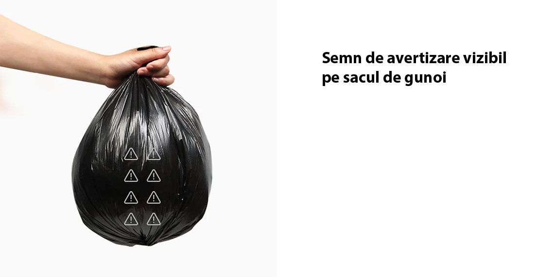 Semn de avertizare vizibil pe sacul de gunoi