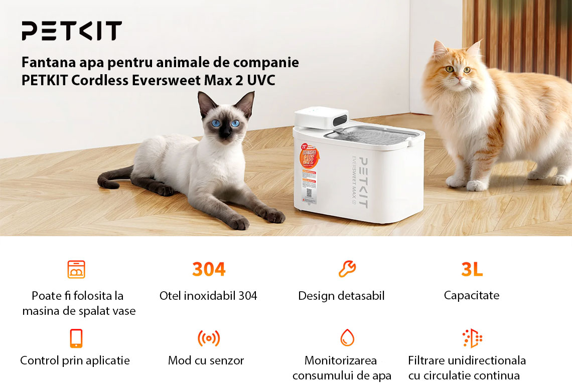 Fantana apa pentru animale de companie PETKIT Cordless Eversweet Max 2 UVC