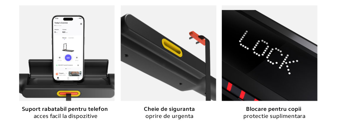 Suport rabatabil pentru telefon – acces facil la dispozitive  Cheie de siguranta – oprire de urgenta  Blocare pentru copii – protectie suplimentara