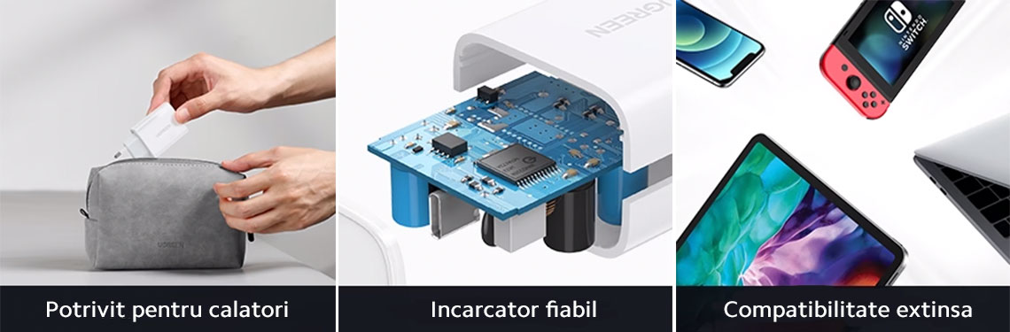 Incarcatorul UGREEN USB-C este compatibil cu incarcarea rapida pentru dispozitive precum iPhone 13 Mini, 13 Pro Max, 12 Pro Max, AirPods si multe altele.