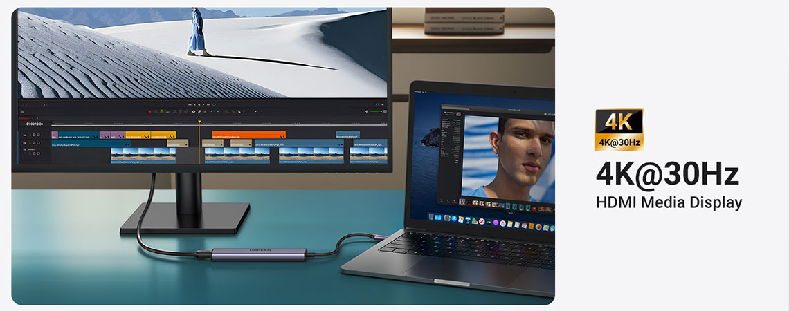 Cu un port HDMI compatibil 4K @ 30Hz, adaptorul Ugreen  iti permite sa redai videoclipuri la cea mai inalta calitate. Indiferent daca pregatesti o prezentare sau vrei sa te bucuri de un film pe ecran mare, acest adaptor iti garanteaza o imagine clara, fara delay si fara nesincronizari intre sunet si imagine.