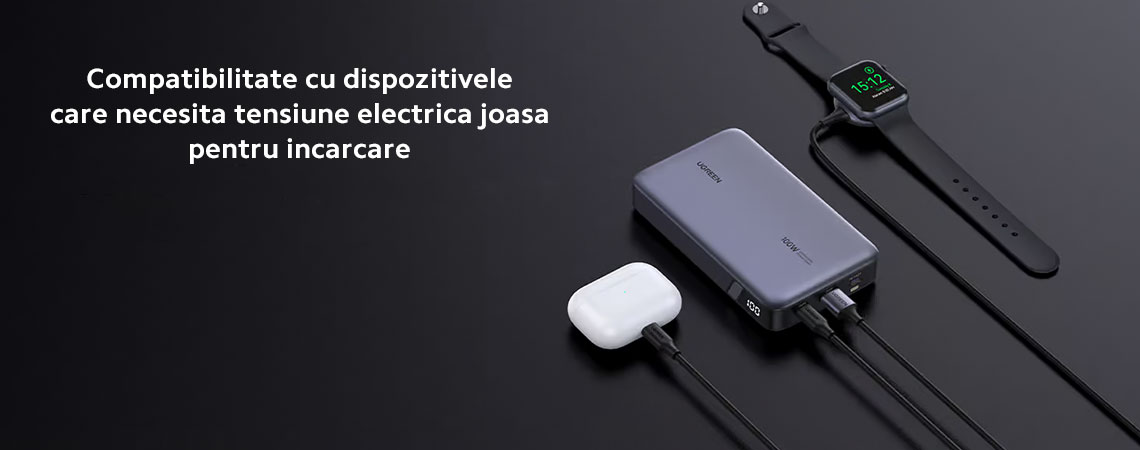 Acest powerbank 100W satisface o gama larga de nevoi, incarcand laptopuri, tablete si telefoane, dar si dispozitive mai mici precum AirPods, bratari fitness si smartwatch-uri.