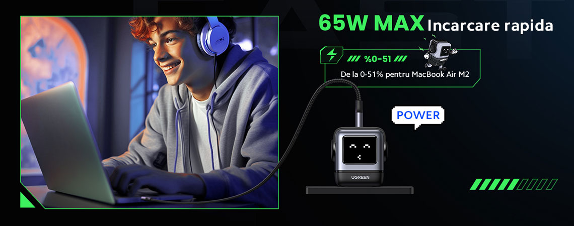 Incarca-ti dispozitivele de gaming rapid si eficient cu UGREEN Nexode RG 65W, un incarcator Robot GaN compact si puternic.