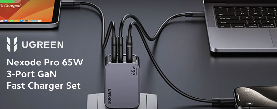 Incarcator rapid retea UGREEN Nexode Pro 65W 3-Port GaN Fast Charger Set EU + Cablu USB-C, 2x USB-C, 1x USB-A, Negru #3