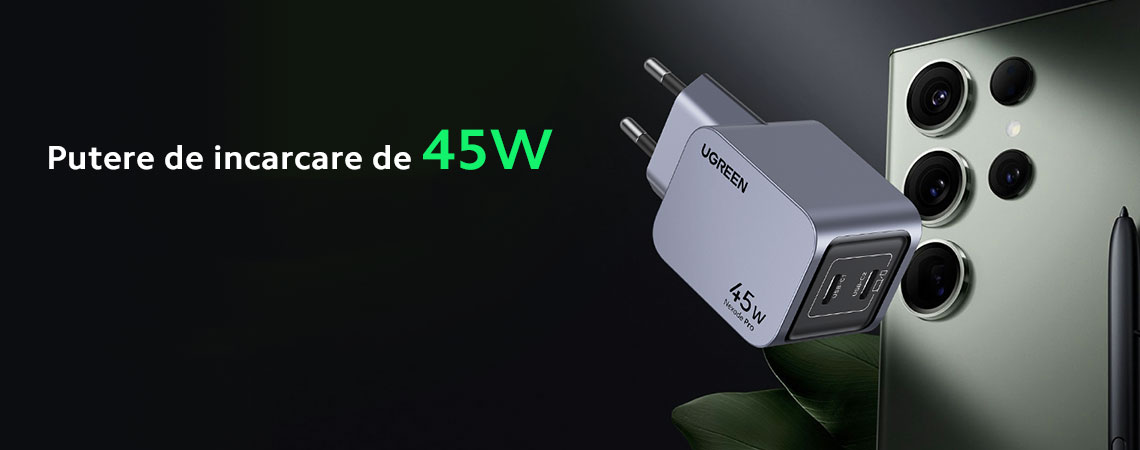Putere de incarcare de 45W  UGREEN Nexode Pro ofera o putere de 45W