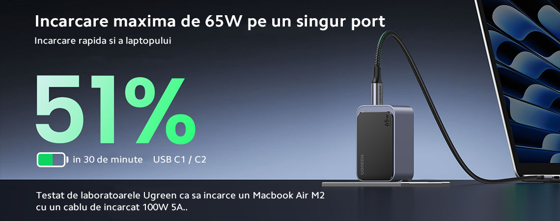 Incarcator retea UGREEN Nexode S 65W 3-Port GaN Fast Charger EU, 2x USB-C + 1x USB-A, Gri #2