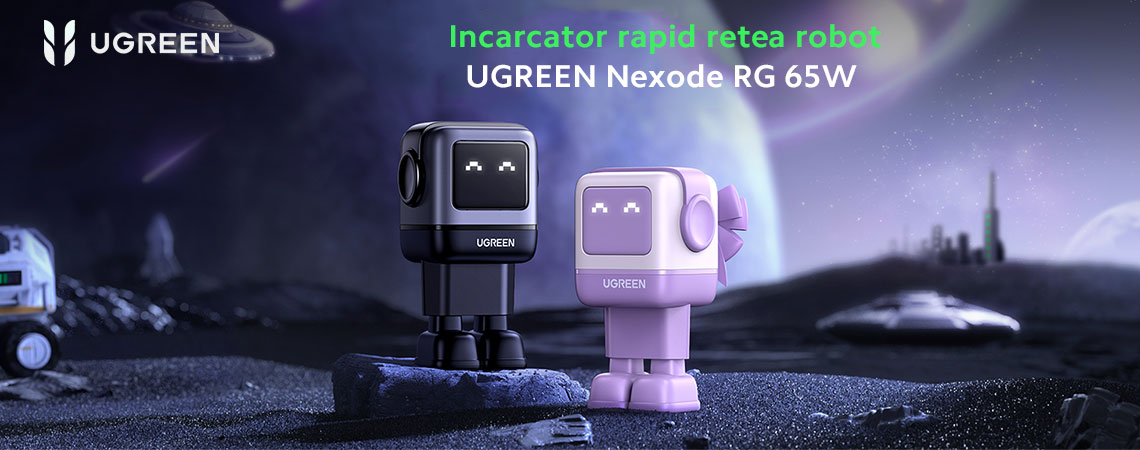 Descopera UGREEN Nexode RG 65W, un incarcator de ultima generatie dotat cu tehnologie GaN care iti ofera o incarcare rapida si eficienta intr-un design compact si inovator.