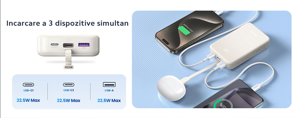 Powerbank-ul ofera o putere maxima de 22,5W si are o capacitate generoasa de 20.000 mAh, ideala pentru a mentine dispozitivele tale alimentate pe tot parcursul zilei.