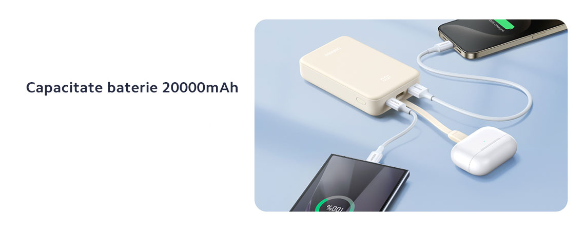 Powerbank-ul ofera o putere maxima de 22,5W si are o capacitate generoasa de 20.000 mAh, ideala pentru a mentine dispozitivele tale alimentate pe tot parcursul zilei.