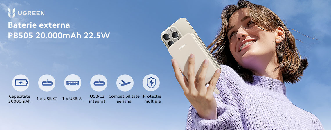 Cu o capacitate de 20.000 mAh, powerbank-ul UGREEN Nexode PB505 asigura incarcarea telefoanelor, tabletelor si accesoriilor wireless fara grija descarcarii rapide.