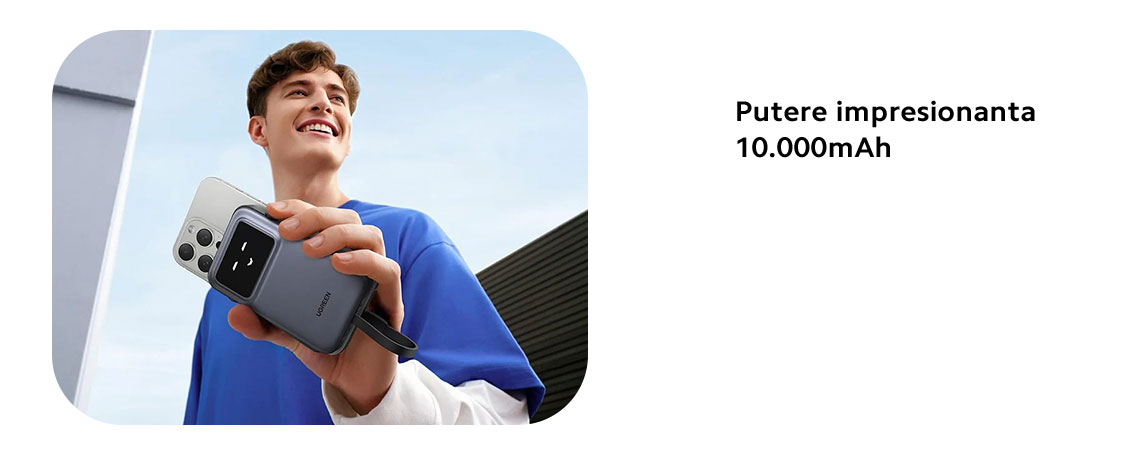 Cu ajutorul ei, poti incarca un iPhone 15 Pro de minimum doua ori, oferindu-ti ore suplimentare de utilizare fara a fi nevoie sa te conectezi la o priza.