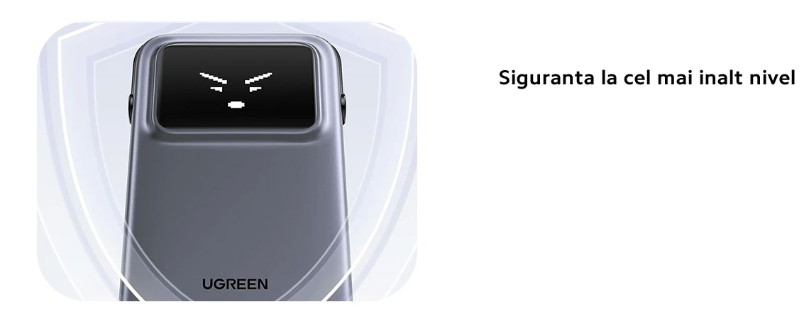 Bateria externa Ugreen Uno PB511 este echipata cu 13 niveluri de protectie impotriva scurtcircuitelor, supraincalzirii, supraincarcarii, fluctuatiilor de tensiune si altor riscuri.