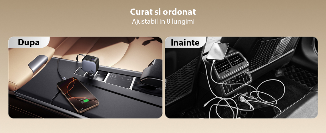 Incarcator auto rapid cu cablu retractabil UGREEN 90W Fast Car Charger EC603
