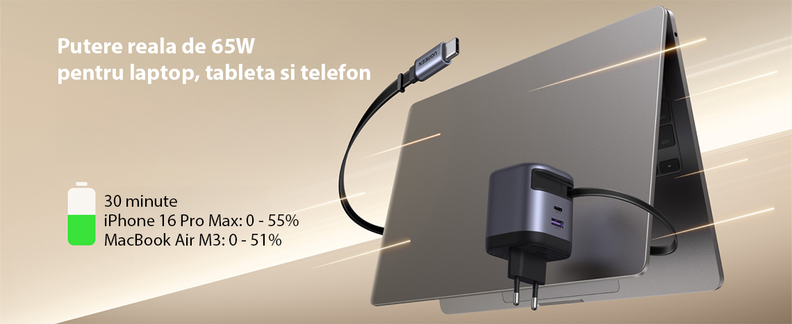 Incarcator rapid cu cablu retractabil UGREEN 65W GaN Fast Charger X615