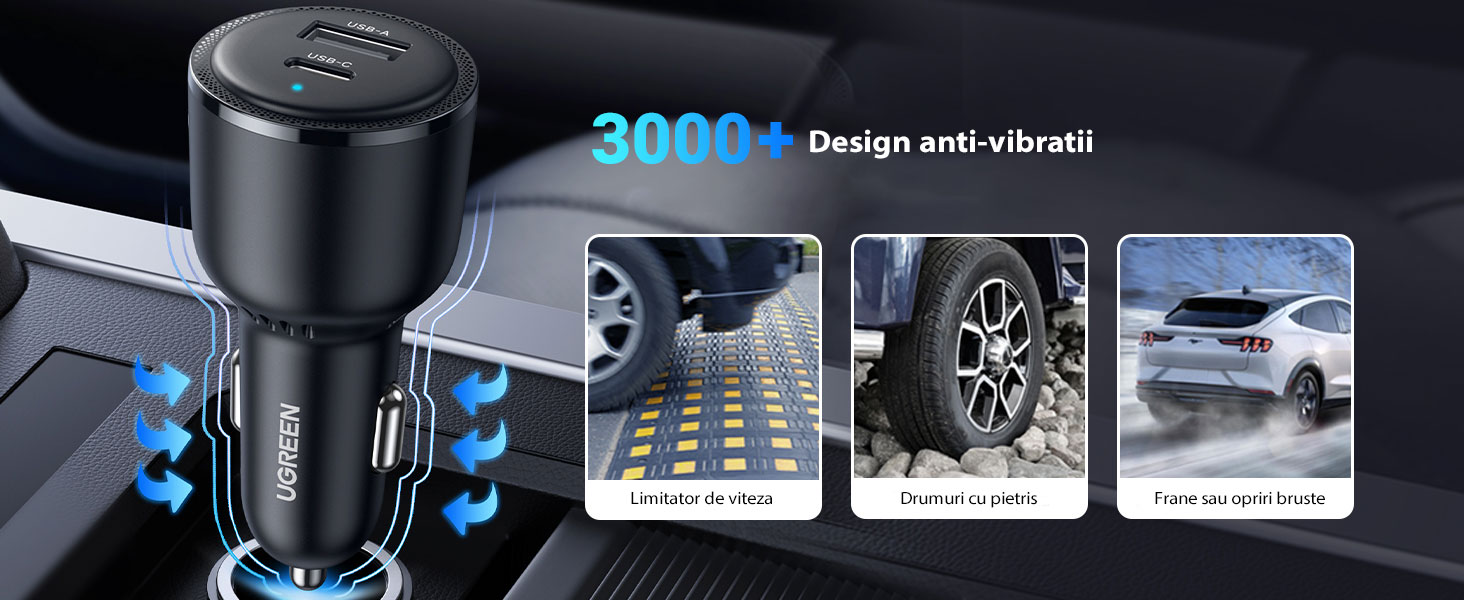 Incarcator auto UGREEN 63W 2-Port Fast Car Charger - Peste 3000 de teste de conectare