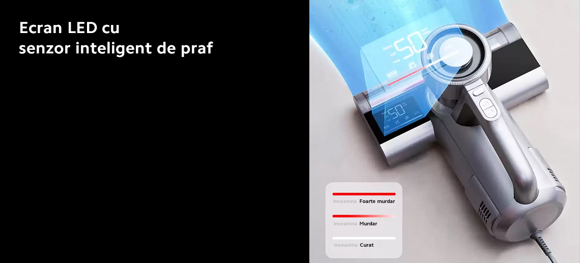 Ecran LED cu senzor inteligent de praf  Ecranul LED al aspiratorului antiacarieni JIMMY WB81 afiseaza modurile de curatare, functiile, indicele de praf si progresul curatarii in timp real.