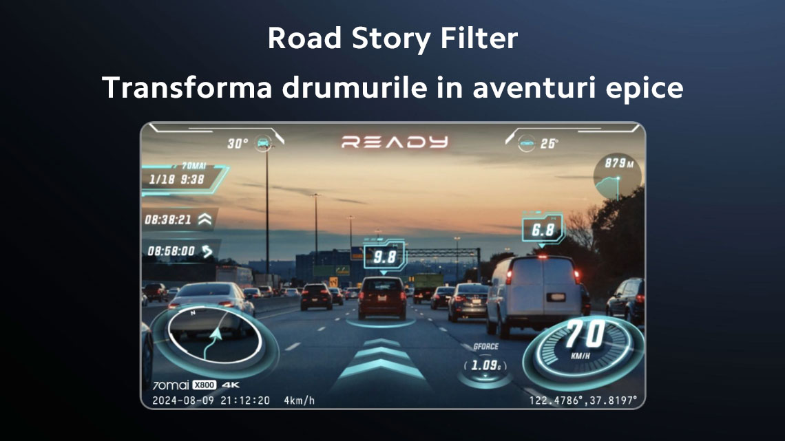 Filtrul Road Story adauga o nota speciala filmarilor tale, integrand date despre condus si efecte vizuale pentru o atmosfera captivanta, cu un aer futurist, desprins dintr-un film SF.